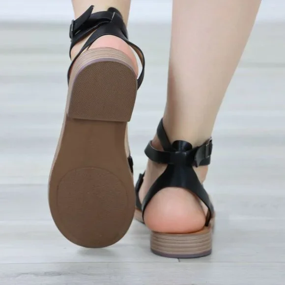 Black Strappy Trendy Comfy Flat Gladiator Comfort Sandal Slip On Sliders - Picture 13 of 13